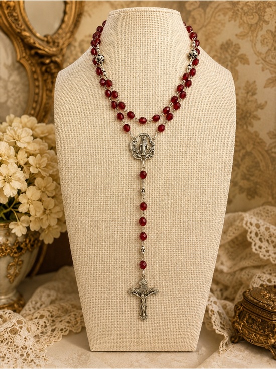 Donna Dressler Jewelry - Donna Dressler Sterling Silver Ruby Crystal Rosary Crucifix VTG Tagged 26” w 6”D